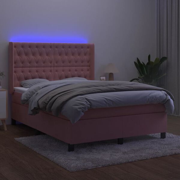 vidaXL Box spring postelja z vzmetnico LED roza 80x200 cm žamet