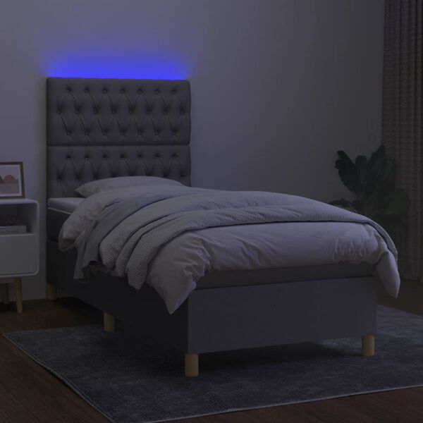 vidaXL Box spring postelja z vzmetnico LED svetlo siva 90x190 cm blago