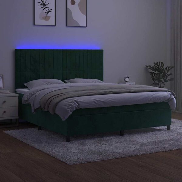 vidaXL Box spring postelja z vzmetnico LED tem. zelena 160x200cm žamet