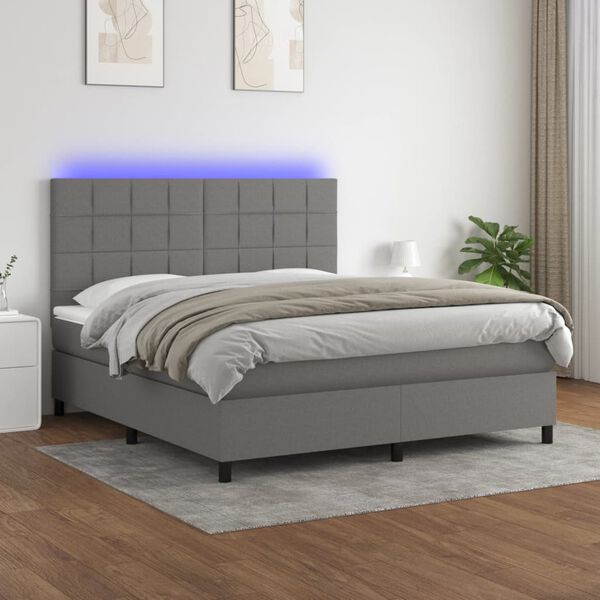 vidaXL Box spring postelja z vzmetnico LED temno siva 180x200 cm blago