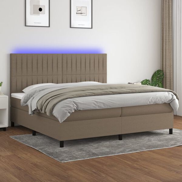 vidaXL Box spring postelja z vzmetnico LED taupe 200x200 cm blago