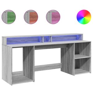 vidaXL Pisalna miza z LED lučkami siva sonoma 200x55x91 cm inž. les