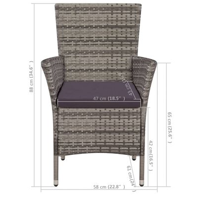 vidaXL Zunanji stol in stolček z blazinami poli ratan sive barve