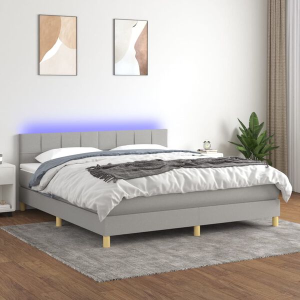 vidaXL Box spring postelja z vzmetnico LED sv. siva 160x200 cm blago