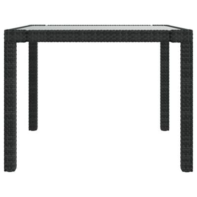 vidaXL Vrtna miza 90x90x75 cm kaljeno steklo in poli ratan črna