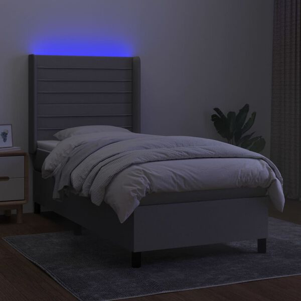 vidaXL Box spring postelja z vzmetnico LED sv. siva 100x200 cm blago