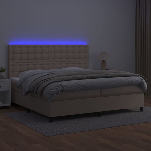 vidaXL Box spring postelja vzmetnico LED kapučino 200x200 cm um. usnje