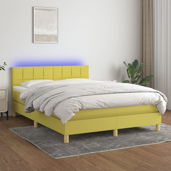 vidaXL Box spring postelja z vzmetnico LED zelena 140x200 cm blago
