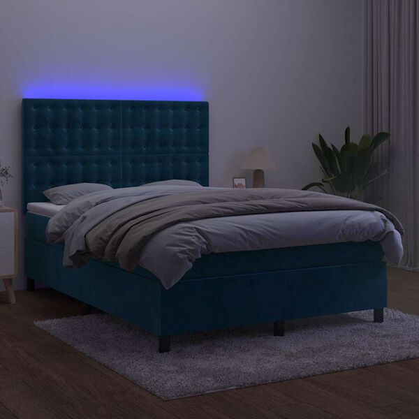 vidaXL Box spring postelja z vzmetnico LED temno modra 140x200cm žamet
