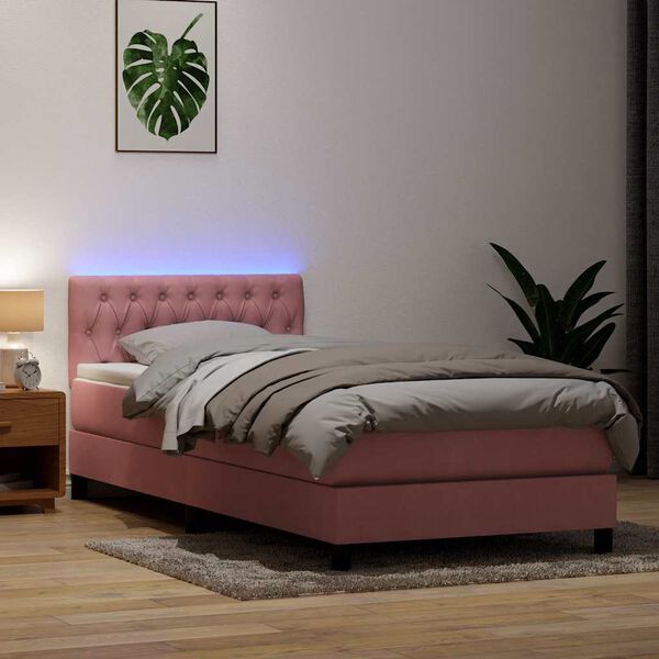 vidaXL Box spring postelja z vzmetnico LED roza 100x210 cm žamet