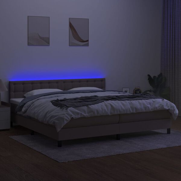 vidaXL Box spring postelja z vzmetnico LED taupe 200x200 cm blago