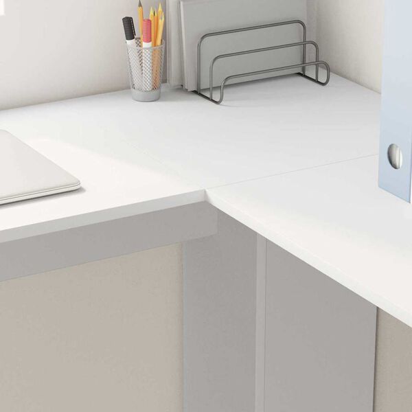 vidaXL Kotni pisalna miza s shrambo s polico Bela 140 x 113,5 x 75 cm