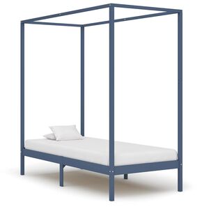 vidaXL Posteljni okvir z baldahinom siv iz trdne borovine 90x200 cm