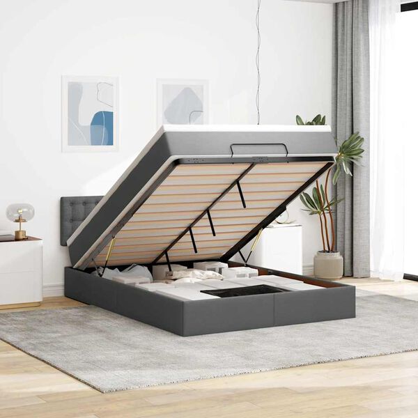 vidaXL Otomanska postelja z vzmetnico & LEDs temno siva 140x190 cm