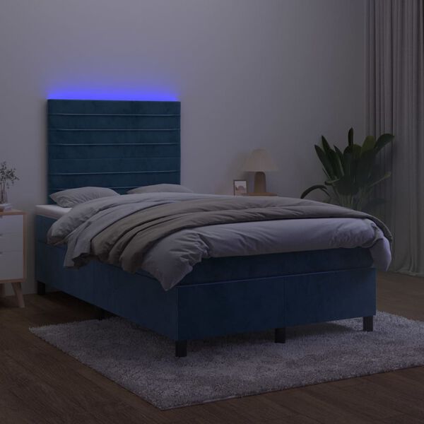 vidaXL Box spring postelja z vzmetnico LED tem. modra 120x190 cm žamet