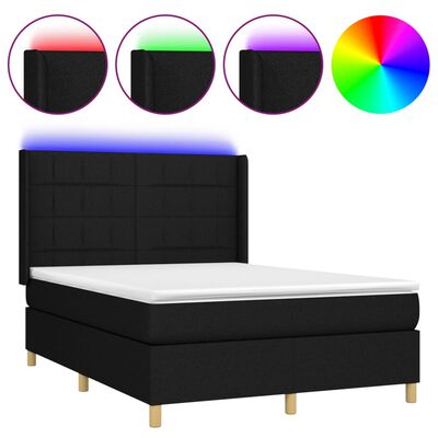 vidaXL Box spring postelja z vzmetnico LED črna 140x190 cm blago