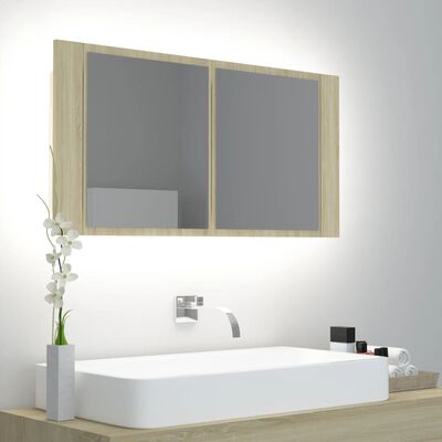 vidaXL LED kopalniška omarica z ogledalom sonoma hrast 90x12x45 akril