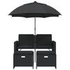 vidaXL Vrtni kavč dvosed s senčnikom in stolčki črn poli ratan