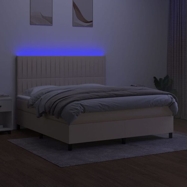 vidaXL Box spring postelja z vzmetnico LED krem 160x200 cm blago