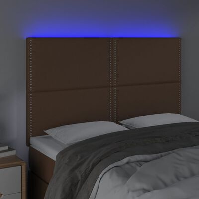 vidaXL LED posteljno vzglavje rjavo 144x5x118/128 cm umetno usnje