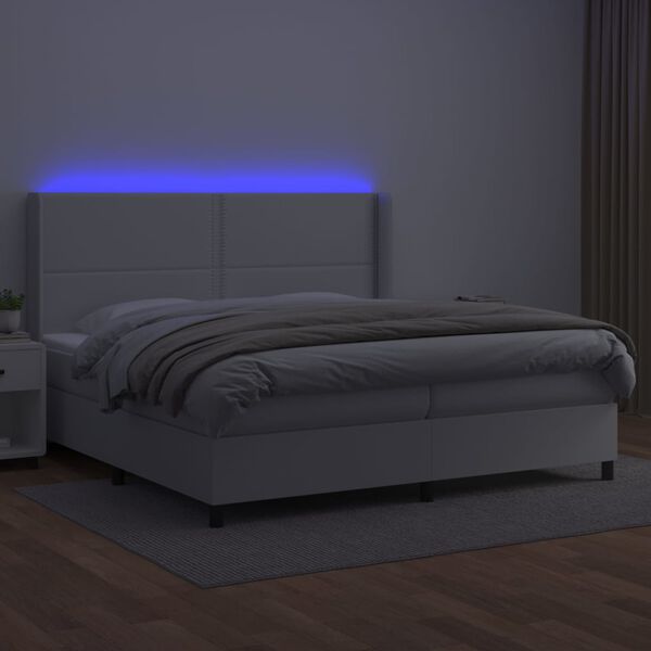 vidaXL Box spring postelja z vzmetnico LED bela 200x200cm umetno usnje