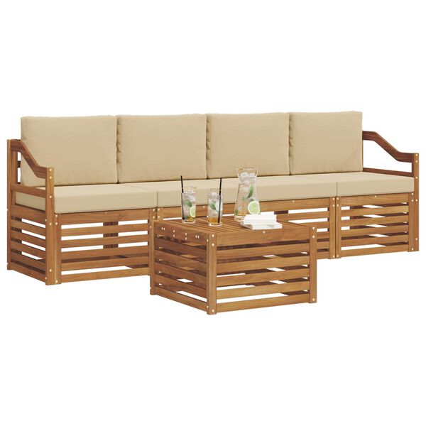 vidaXL Sedežne garniture 5 pcs Naravna in bež Masiven les akacije