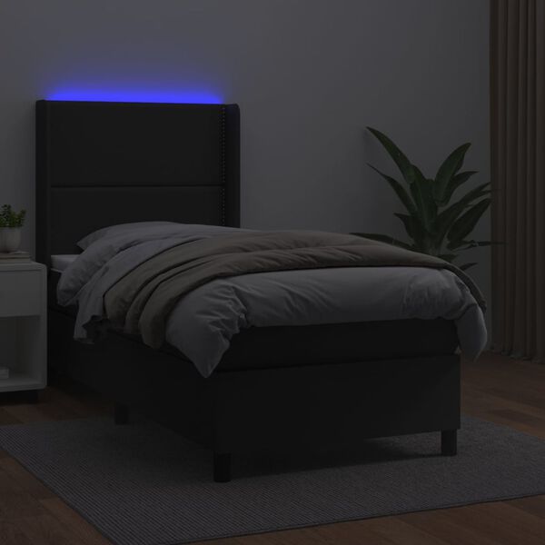 vidaXL Box spring postelja z vzmetnico LED črn 90x190 cm umetno usnje
