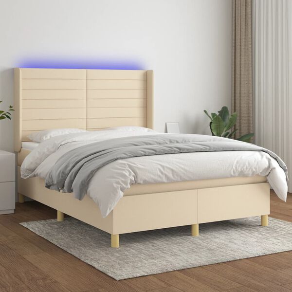 vidaXL Box spring postelja z vzmetnico LED krem 140x200 cm blago