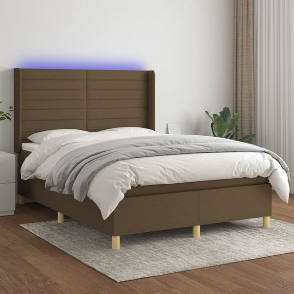 vidaXL Box spring postelja z vzmetnico LED temno rjava 140x190cm blago