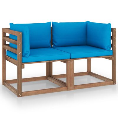 vidaXL Vrtni kavč dvosed iz palet s svetlo modrimi blazinami borovina