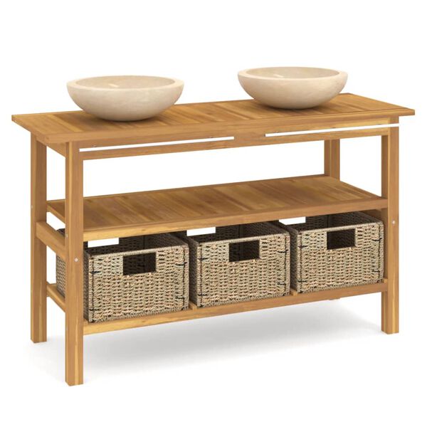 vidaXL Kopalniška omarica iz tikovine z umivalnikoma krem marmor