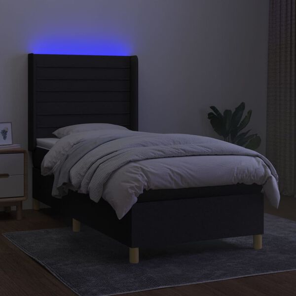 vidaXL Box spring postelja z vzmetnico LED črna 90x200 cm blago