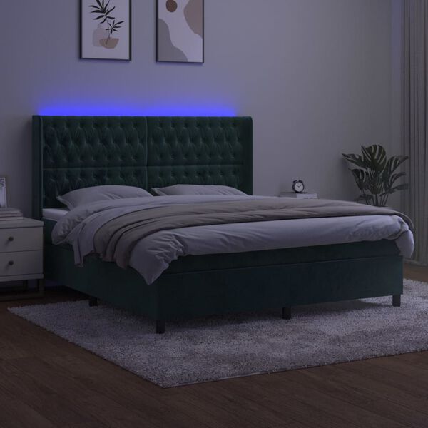 vidaXL Box spring postelja z vzmetnico LED tem. zelena 160x200cm žamet