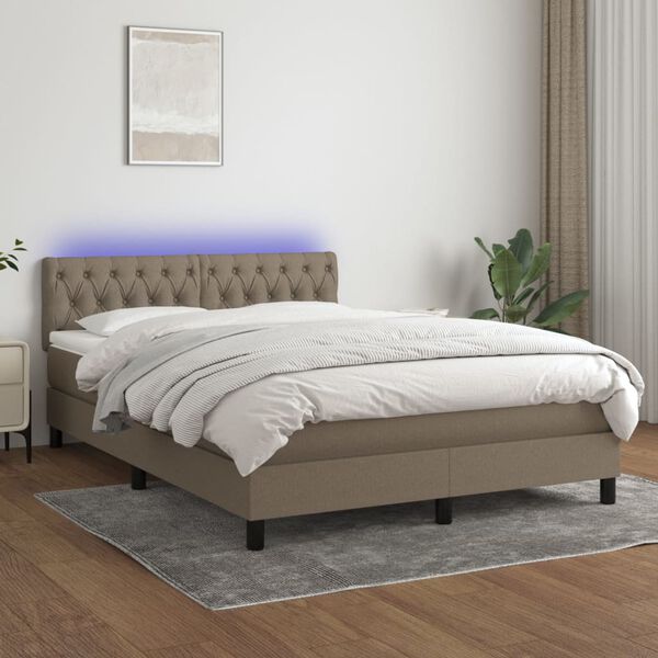 vidaXL Box spring postelja z vzmetnico LED taupe 140x190 cm blago