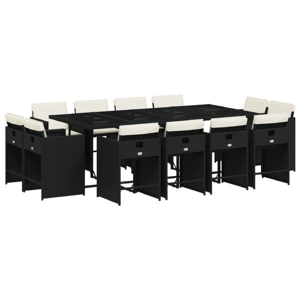 vidaXL Vrtna jedilna garnitura 13-delna z blazinami črn poli ratan