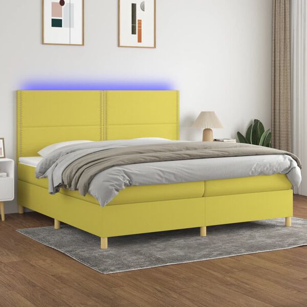 vidaXL Box spring postelja z vzmetnico LED zelena 200x200 cm blago