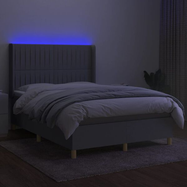 vidaXL Box spring postelja z vzmetnico LED svetlo siva 140x190cm blago
