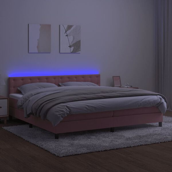 vidaXL Box spring postelja z vzmetnico LED roza 200x200 cm žamet