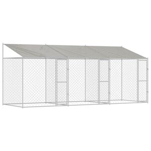 vidaXL Pasja kletka s streho Srebrna 600 x 200 x 256 cm Jeklo in PE