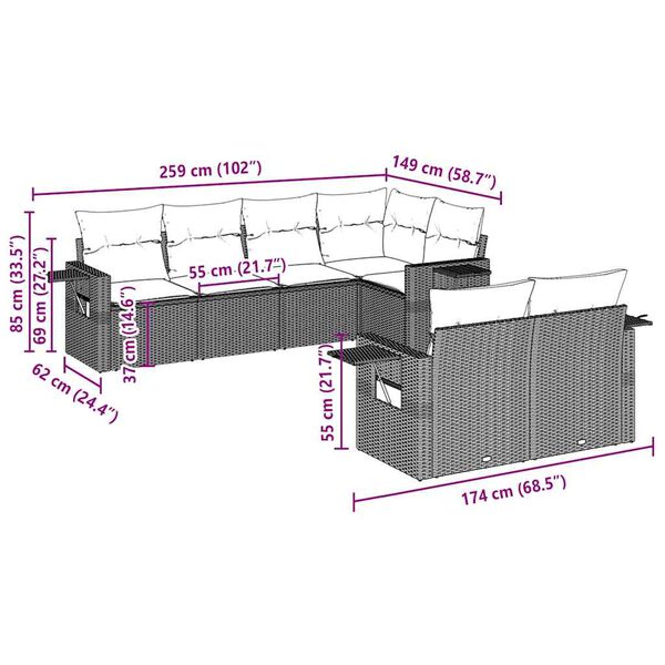 vidaXL Vrtna sedežna garnitura 7-delna z blazinami siv poli ratan