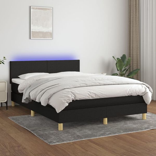 vidaXL Box spring postelja z vzmetnico LED črna 140x190 cm blago