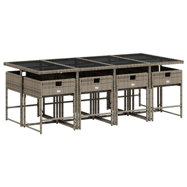 vidaXL Vrtna jedilna garnitura 9-delna z blazinami siv poli ratan