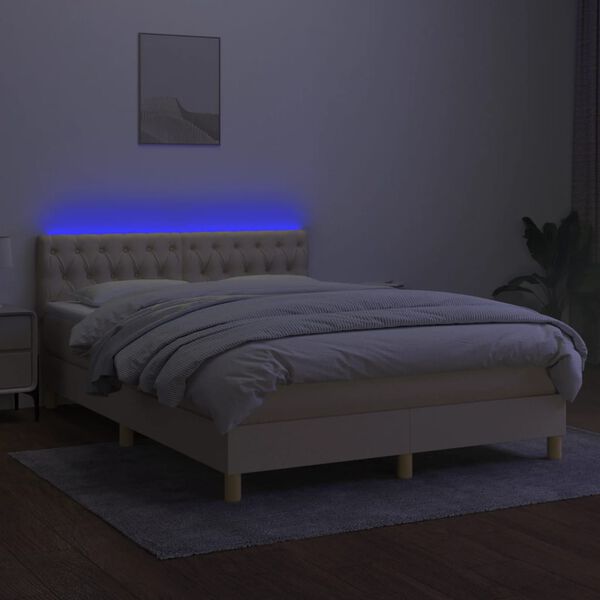 vidaXL Box spring postelja z vzmetnico LED krem 140x200 cm blago