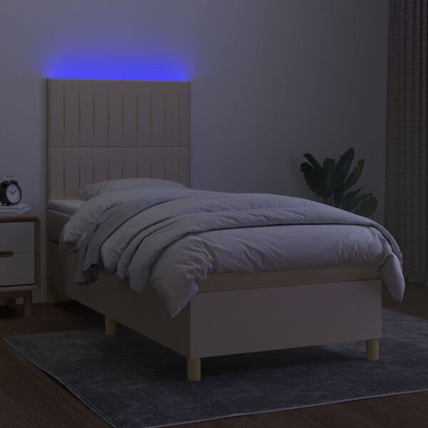 vidaXL Box spring postelja z vzmetnico LED krem 90x200 cm blago