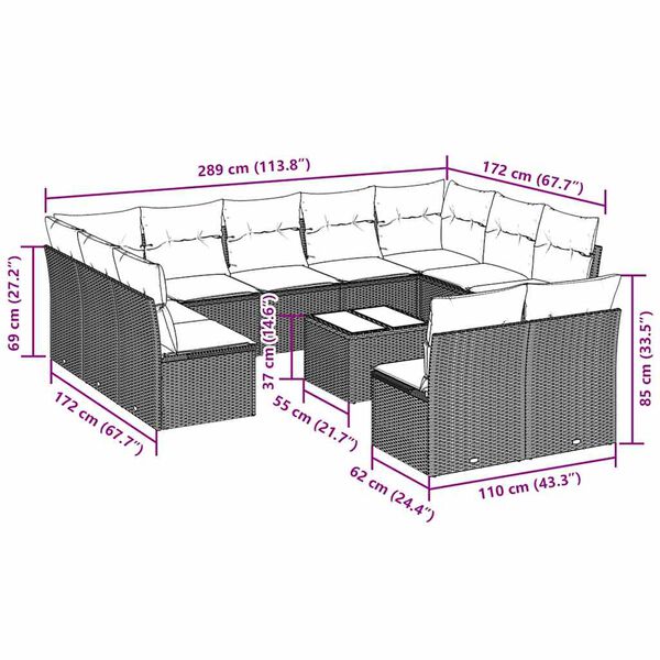 vidaXL Vrtna sedežna garnitura 12-delna z blazinami siva poli ratan