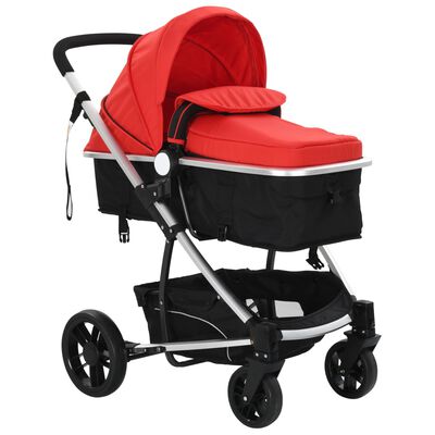 vidaXL Otroški voziček 2 v 1 aluminij rdeče in črne barve
