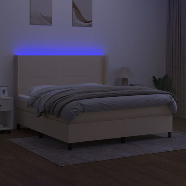 vidaXL Box spring postelja z vzmetnico LED krem 160x200 cm blago