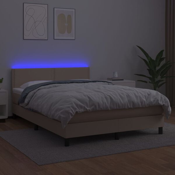 vidaXL Box spring postelja z vzmetnico LED kapučino 140x190 cm
