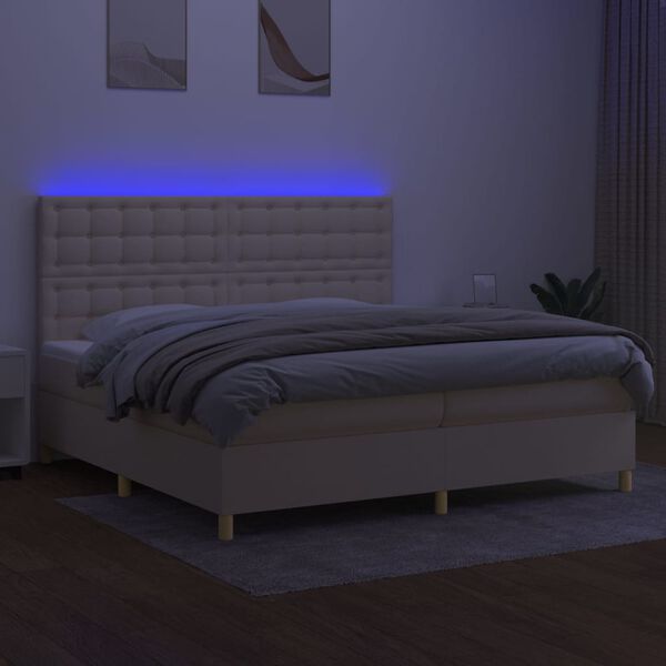 vidaXL Box spring postelja z vzmetnico LED krem 200x200 cm blago
