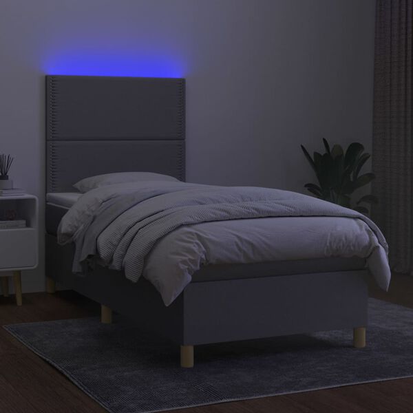 vidaXL Box spring postelja z vzmetnico LED svetlo siva 90x190 cm blago
